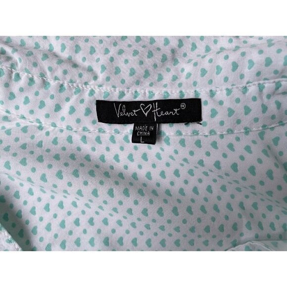 Hearts Pattern Valentine’s Green White LOVE Button Up High Low Hem Top Women’s L - Picture 9 of 12